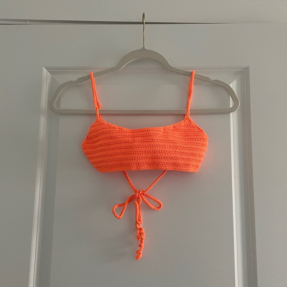 SKIMS Crochet Bikini Top Neon Strappy Beachy Washed Look Tie On Bandeau
